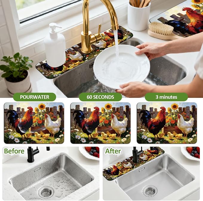 3 Pcs 2 Size Kitchen Sink Splash Guard Faucet Mat Farm Chicken Pattern Faucet Mats for Sinks Chicken Pattern Absorbing Drying Mat for Kitchen Bathroom - Image 4