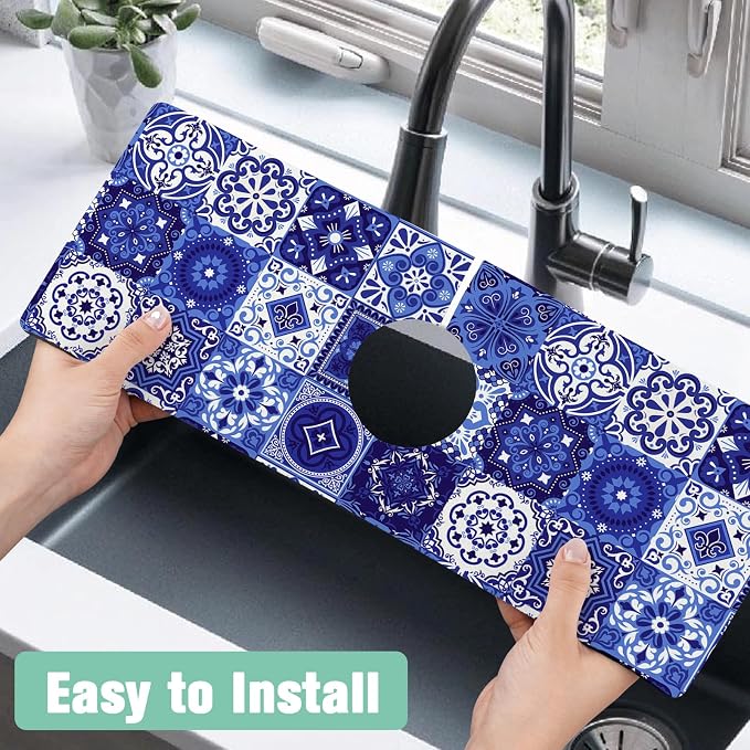Kitchen Sink Splash Guard Faucet Mat 24" X 5.5" Talavera Mexican Tiles Absorbent Fast Drying Mat Faucet Draining Mat Sink Splash Guard Behind Faucet Drip Catcher for Kitchen Bathroom - Image 4