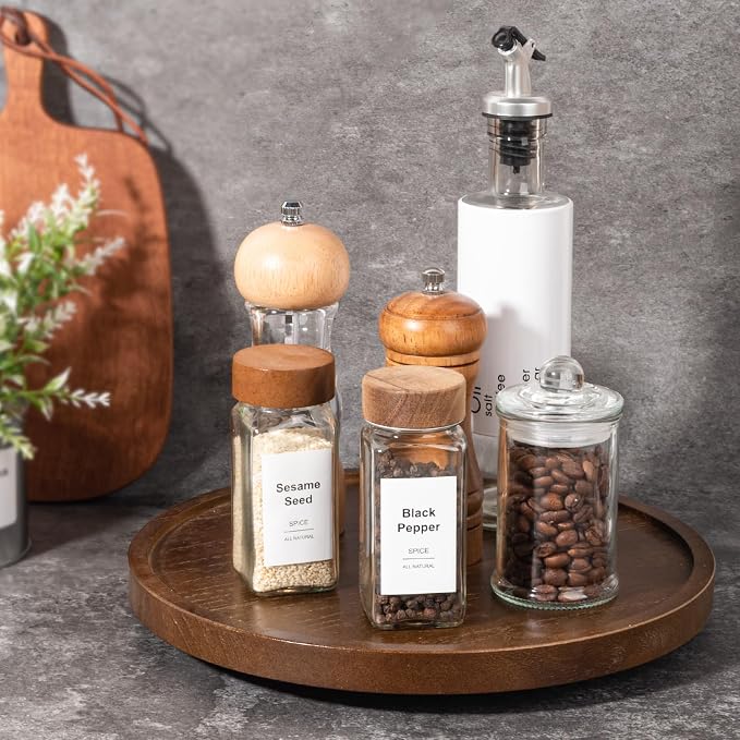 Wood Lazy Susan Organizer Kitchen Turntable for Cabinet Farmhouse Bathroom Decor Round Decorative Tray for Vanity, Counter, Sink, Coffee Table, 11 Inch, Walnut | Waterpoof, Easy clean, Non-slip, Rotating Wooden Decorative Pantry Table Tray for Seasonin... - Image 2