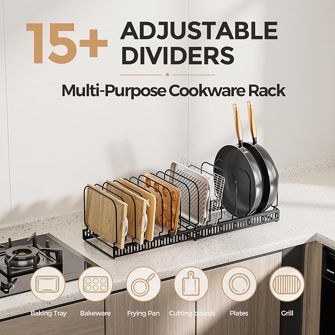 MUDEELA Expandable Cutting Board Organizer Pot Lids Rack 15 Dividers 2-Pack | Expandable Pots and Pans Organizer under Cabinet, 15 Adjustable Dividers, Fits Bakeware Cookie Sheet Baking Tray Muffin Tin - Image 3