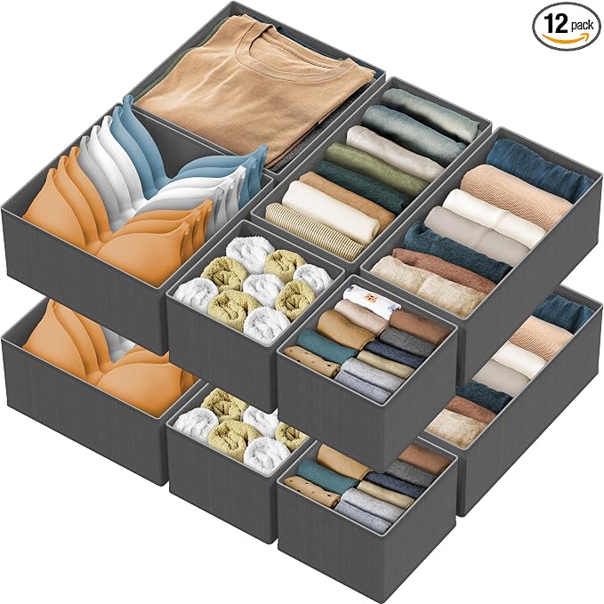 Simple Houseware Foldable Drawer Organizer Bin, Set of 12, Dark Gray | Fabric Storage Bins for Clothes, Underwear, Bra, Panty, Socks, Onesies – Closet & Dresser Dividers for Home by SimpleHouseware