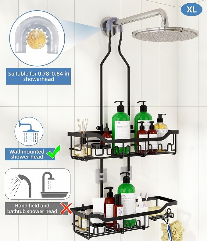 Shower Caddy Hanging Organizer, Extra Large Rack Over Showerhead with Hooks, Adjustable Height Shower Caddy for Big Shampoo Bottle, Black - Image 4