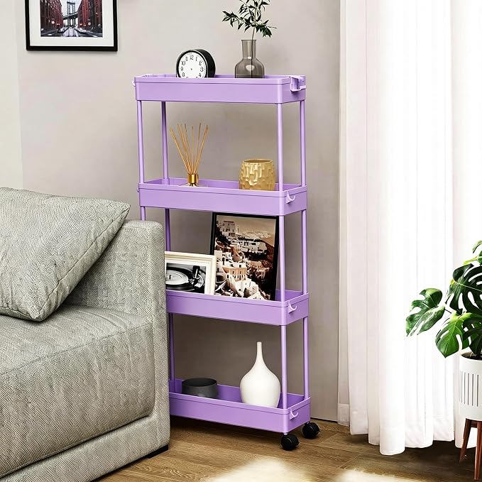 Slim Storage Cart 3 Tier,Bathroom Organizer Rolling Utility,Mobile Shelving Unit Slide Out for Office, Kitchen, Laundry Room & Narrow Places,Purple - Image 6
