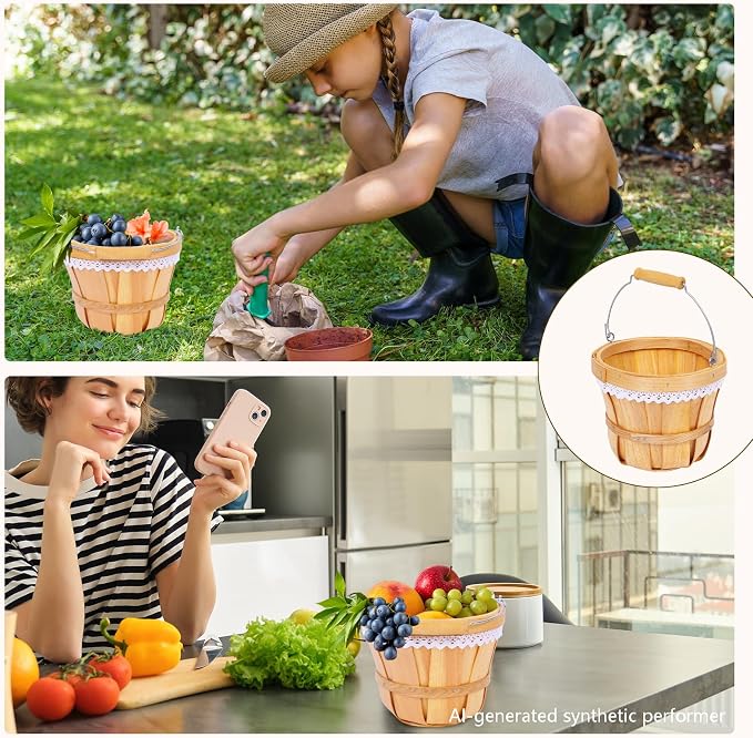 Wooden Baskets 7" x 6", 10 Pack Natural Apple Harvest Baskets | Round Handled Baskets Hold Produce, Flowers, Easter Eggs Or Favors for Farms, Markets, Weddings, Parties and Decor - Image 4