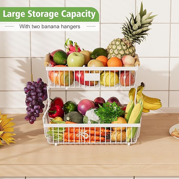 2 Tier Fruit Basket for Kitchen Counter with 2 Banana Hangers, Countertop Metal Bread Basket with Wooden Handle, Large Storage Stand for Vegetables, Snacks, Eggs, Produce Storage – White - Image 2