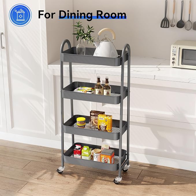 NEWBULIG 4-Shelf Metal Rolling Storage Utility Cart with Lockable Wheels | Mobile Organizer Shelf, Space-Saving, Freestanding, Bathroom, Living Room, Slim, Narrow Corner Spaces, Grey - Image 6