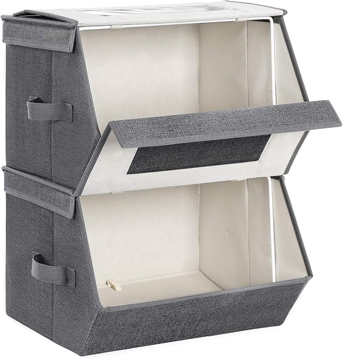 SONGMICS Stackable Storage Bins, Set of 2, with Lids and Front Windows | Closet Organizers, Non-Woven Fabric, Magnetic Closures, Side Handles, Slate Gray and Summer Sand, TINA Collection URPLB02G - Image 8