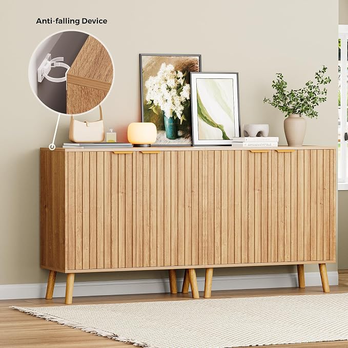 Set of 4 Fluted Storage Cabinet, Buffet Cabinet with Storage, Wood Sideboard with Adjustable Shelf, Modern Accent Cabinet & Console Table for Entryway, Living Room, Dining Room, Natural - Image 9