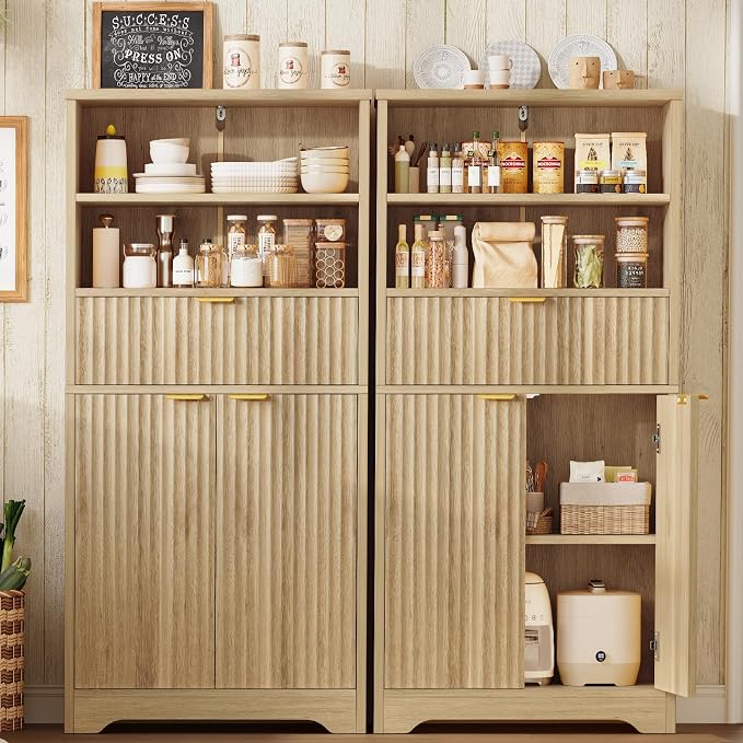 Tall Storage Cabinet with Adjustable Shelf & Drawer, Fluted Cabinet with Doors, Kitchen Pantry Cabinets, Bathroom Storage Cabinets, for Living Room, Entryway, Home Office, Natural - Image 4