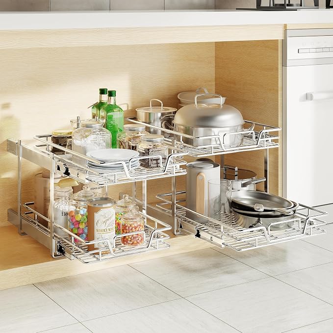 2-Tier Kitchen Cabinet Pull Out Shelf and Drawer Organizer Slide Out Pantry Storaqe Basket in Multiple Sizes (21" W x 21" D,) - Image 3