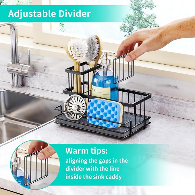 HapiRm Sink Caddy Sponge Holder - Kitchen Sink Organizer with Instant Drying Stone and Brush Holder, Stainless Steel Bathroom Counter Organizer - Black - Image 5