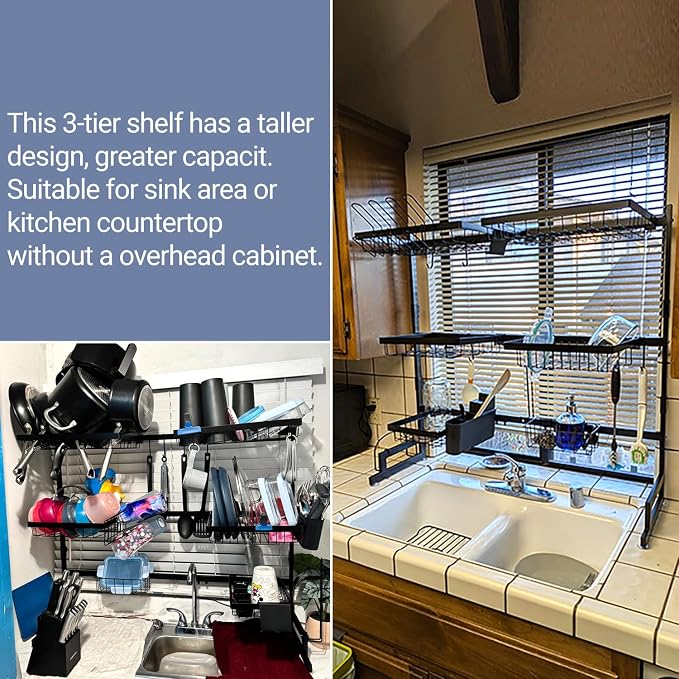 ADBIU Over The Sink Dish Drying Rack (Expandable Height and Length) Snap-On Design 2 Tier Large Dish Rack 31-39.4L x 12W x 34-38H inches - Image 3