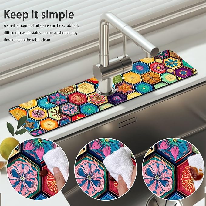 Bimkole 2 PCS Faucet Absorbent Mat, Kitchen Faucet Sink Splash Guard Wraparound Cloth Pads Drip Catcher for Sink Faucet for Kitchen Bathroom Faucet, Colorful Faucet Mat, 15 x 4 Inch Flower A7 - Image 5