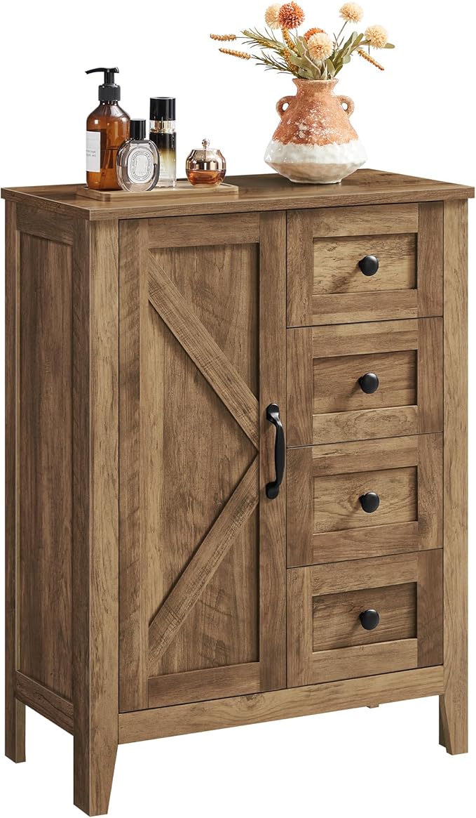 VASAGLE LIRY Collection - Storage Cabinet, Farmhouse Bathroom Floor Cabinet with 4 Drawers, Freestanding Storage Organizer, Barn Door, Adjustable Shelf, Honey Brown, UBBK753K01 by Unknown
