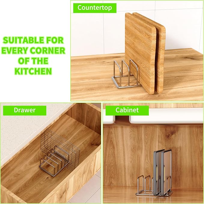 Cutting Board Organizer, 304 Stainless Steel Chopping Board Holder & Pot Pan Lid Rack, Kitchen Shelf Organizer for Bakeware, Cookie Sheets & Trays - Image 9