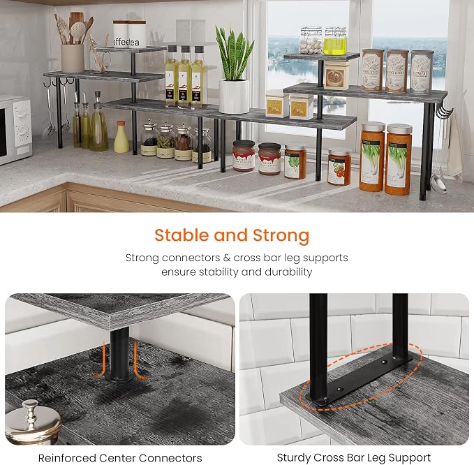 Kitchen Countertop Organizer, 3 Tier Corner Shelf Bathroom Counter Organizer, Wooden Counter Shelf Stand Space Saver, Easy Assembly, Rustic Grey - Image 5