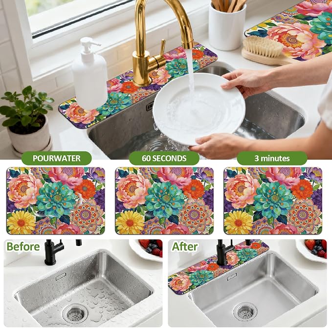 3 Pcs 2 Size Kitchen Sink Splash Guard Faucet Mat Datura Flowers Pattern Faucet Mats for Sinks Colorful Flower Absorbing Drying Mat for Kitchen Bathroom - Image 4