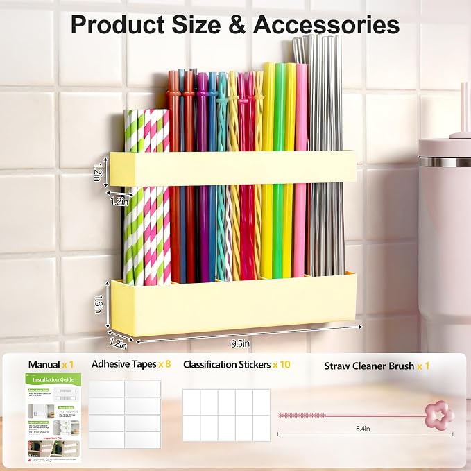 9.5” Large Acrylic Straw Holder for Cabinet Door, Adjustable Two-Part | Reusable Straws Organizer with Ultra Sticky Adhesive Strips, 2026 Straw Storage for Kitchen Cupboard (Milky Yellow) - Image 8