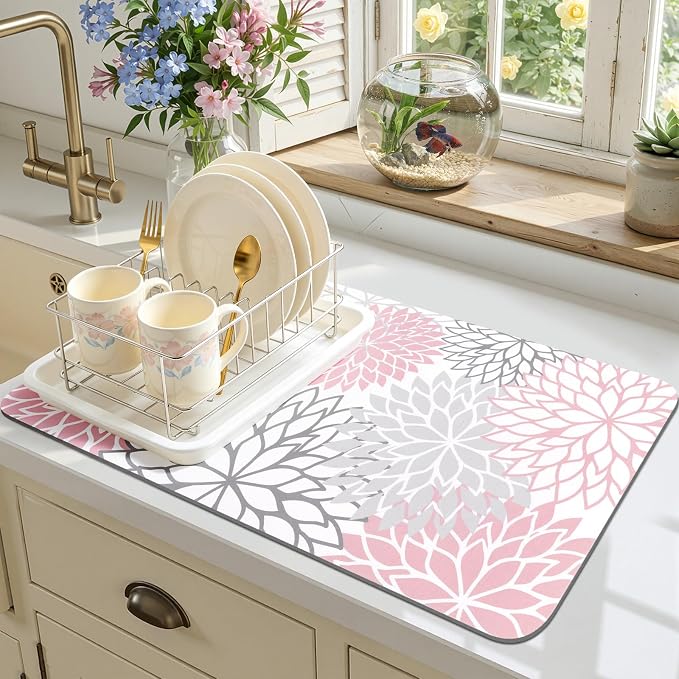 Findosom Dish Drying Mat, 12" x 20" Super Absorbent Dish Mat with Floral, Hide Stain Drying Mat for Kitchen Counter, Under Dish Rack, Coffee Maker, Espresso Machine, Pink - Image 8