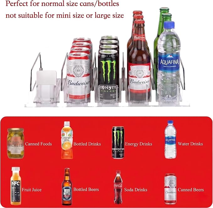 Self-Pushing Beverage Organizer for Fridge – Adjustable Spring Loaded Drink Dispenser & Soda Can Organizer – Clear Glide Rack Fits Cans, Bottles, Slim & Standard Sizes for Kitchen Pantry (4Rows) - Image 4