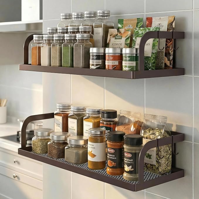 PUSDON 2-Pack 16.5" Extra Long Slim Hollowout Shower Caddy, Wall Mount Spice Rack & Bathroom Organizer, Mesh Bottom Cabinet Door Shelf Holds 50LBS - Vintage Bronze, Hollowout - Image 9