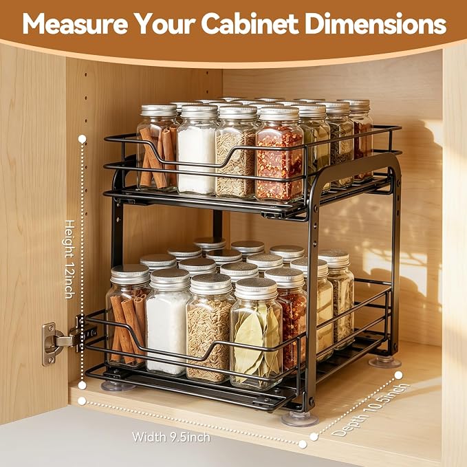 Spice Rack Organizer for Kitchen, Pull Out Spice Racks for Inside Cabinets, 2 Tier Spice Shelf Organization for Cabinet Seasoning, No Drilling Install for Home Kitchen Space Saving, 1 Pack - Image 3