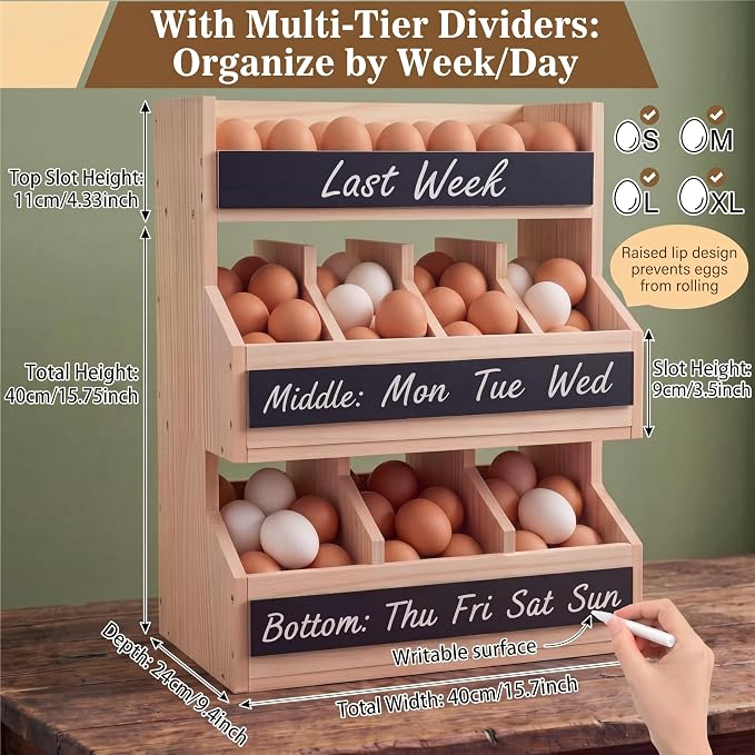 Leinuosen Wooden Egg Holder Countertop with 5 Dividers & DIY Freshness Labels to Separate, 3-tier Wood Egg Storage Basket Organizer, Large Farmhouse Kitchen Counter Display Rack - Image 2