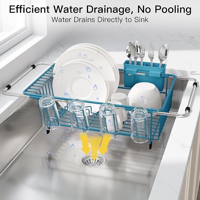 JASIWAY Blue Dish Drying Rack in Sink with Drainboard and Utensil Holder | Use Over the Sink or Counter, Stainless Steel Expandable Dish Drainer for Small Kitchen, Space Saving, Fast Drain, Rustproof - Image 9