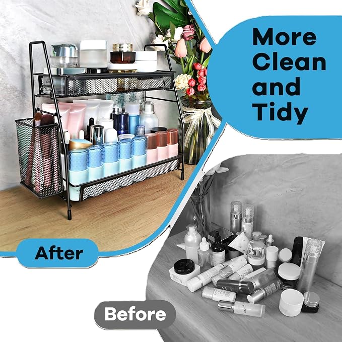 Bathroom Organizer Countertop, Spice Rack Organizer for Cabinet,Black | 2-Tier Bathroom Counter Organizer,Vanity Organizer Corner Shelf with Small Basket for Sink,Kitchen,Bedroom,Living room,Office - Image 5