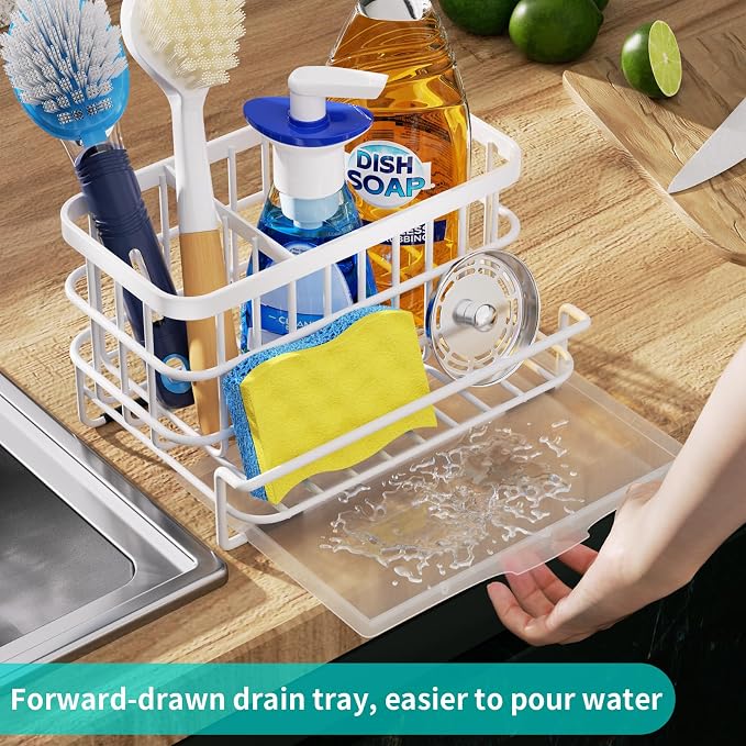 HapiRm Sink Caddy Sponge Holder - Kitchen Sink Organizer with Drain Tray, SUS304 Stainless Steel Rustproof Sponge Caddy Storage for Kitchen Countertop- White - Image 3