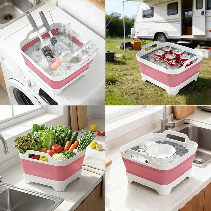 Volnamal Collapsible Wash Basin with Drying Rack & Drain Plug (Pink) | Portable 2.4 Gal Dish Tub, Foldable Basin for Baby Bottle, Vegetable, Camping Sink, Kitchen, RV, Camp, Outdoor Space-Saving - Image 7