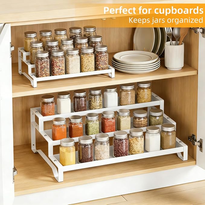 Spice Rack Organizer for Cabinet, 13-21.5" Expandable Spicy Shelf | 9.45" Depth 3-Tier White Metal Seasoning Organizer, Kitchen Spice Organization, Slip-Resistant Guardrails for Jars and Cans - Image 3