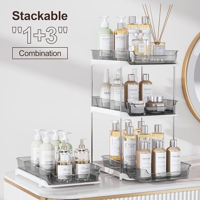 Delamu 2-Tier Multi-Purpose Bathroom Under Sink Organizers and Storage, Stackable Kitchen Pantry Organization, Pull Out Medicine Cabinet Organizer with Movable Dividers, Grey, 4 Pack - Image 3