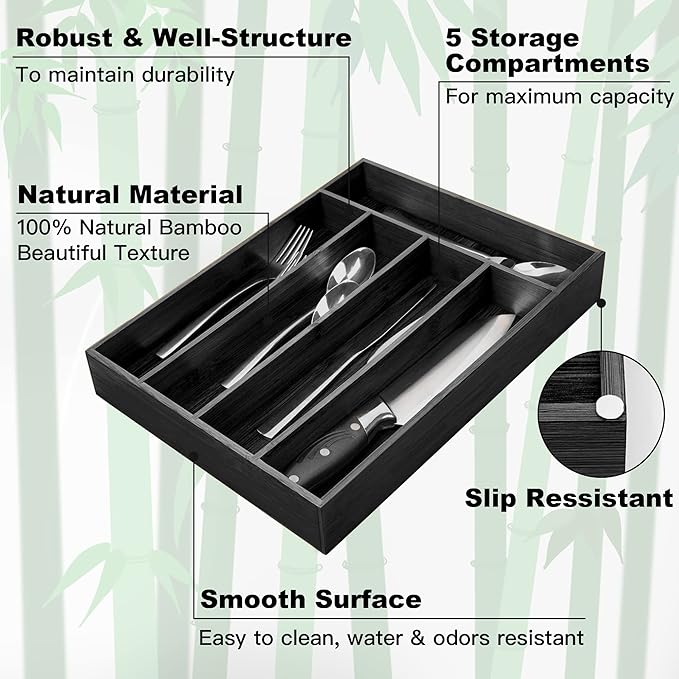 Besilord Bamboo Silverware Holder - Drawer Organizer with 5 Slots (Black) - Image 3