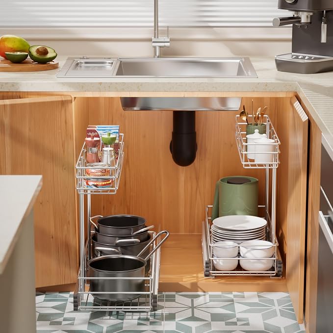 Under Sink Organizer 9" W X19 D, Pull Out Cabinet Organizer 2 Tier | Chrome Plated, Full Slide Out, Under Kitchen Bathroom Sink Organizer, Pantry Cabinet Closet Organization Rack, 1 Pack - Image 4