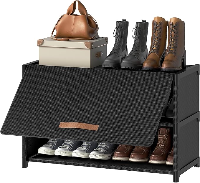 3 Tier Shoe Cabinet with Door, 12-Pair Storage, Black | Compact for Small Closets, Holds Heels, Sneakers, Boots, Door for Dust Pet Protection, Quick Easy Set Up by UNITSTAGE