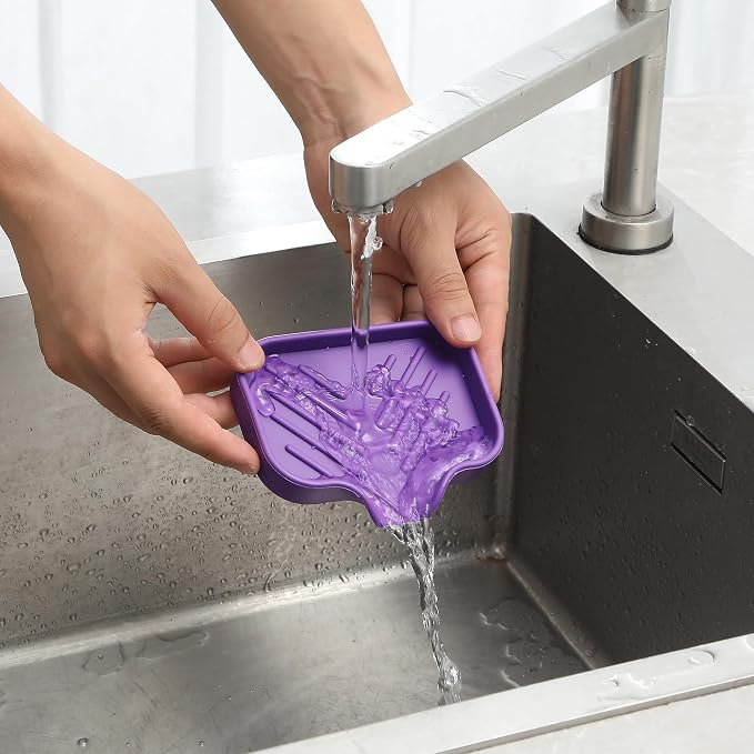 MicoYang Silicone Soap Dish with Drain Spout, Self-Draining Sink Organizer Tray for Bathroom and Kitchen, Sponges, Dispensers and Soap Holder, Non-Slip and Dishwasher Safe, Purple (Compact, 4.9"×3.2") - Image 9
