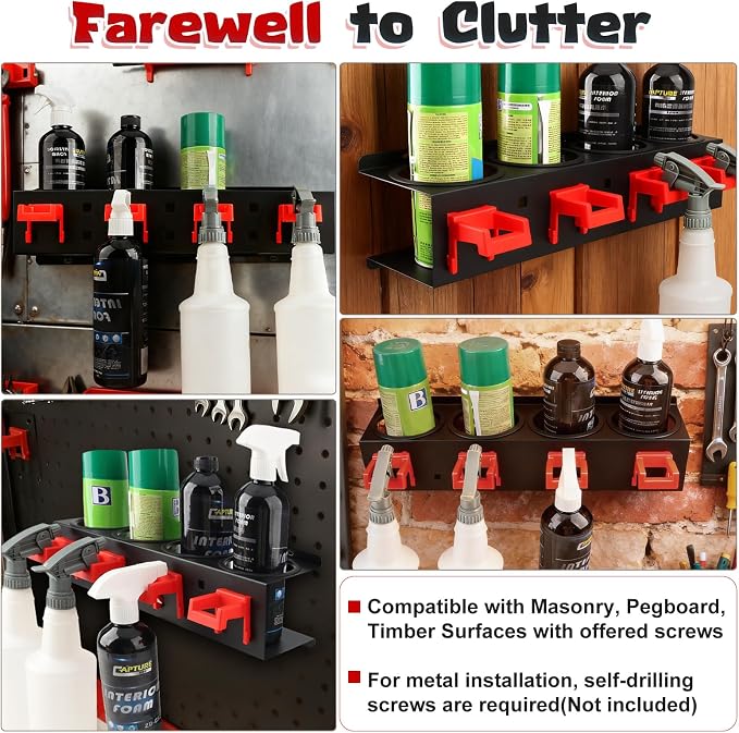 Spray Bottle Holder, 2 Pack Wall Mount Car Detailing Can Holder Spray Rack | Heavy-Duty Carbon Steel Auto Detail Spray Bottle Organizer, Spray Can Holder with Hooks for Garage Workshop Van Shed Storage - Image 9
