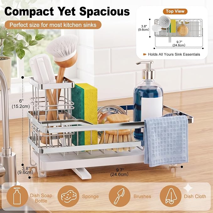 Sponge Holder for Kitchen Sink, Self-draining Sink Caddy with Towel Rack and Brush Holder, Metal Kitchen Countertop Organizers and Storage Essentials, Silver - Image 2