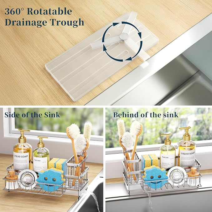Consumest Sponge Holder for Kitchen Sink - Auto Draining Sink Caddy Organizer with Detachable Rack, High Brush Holder, Kitchen Countertop Storage Accessories, Silver-Extra Large - Image 2