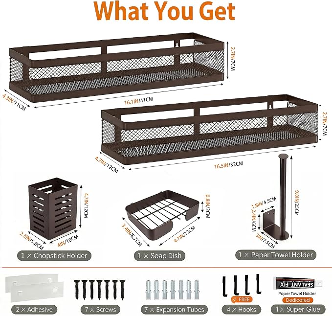 PUSDON 5-in-1 16.5" Extra Long Slim Wall Mount Wrapped Mesh Kitchen Organizer & Shower Caddy Kit, with Paper Towel Holder, Utensil Holder, Soap Dish, Holds 50LBS - Vintage Bronze, Netting - Image 2