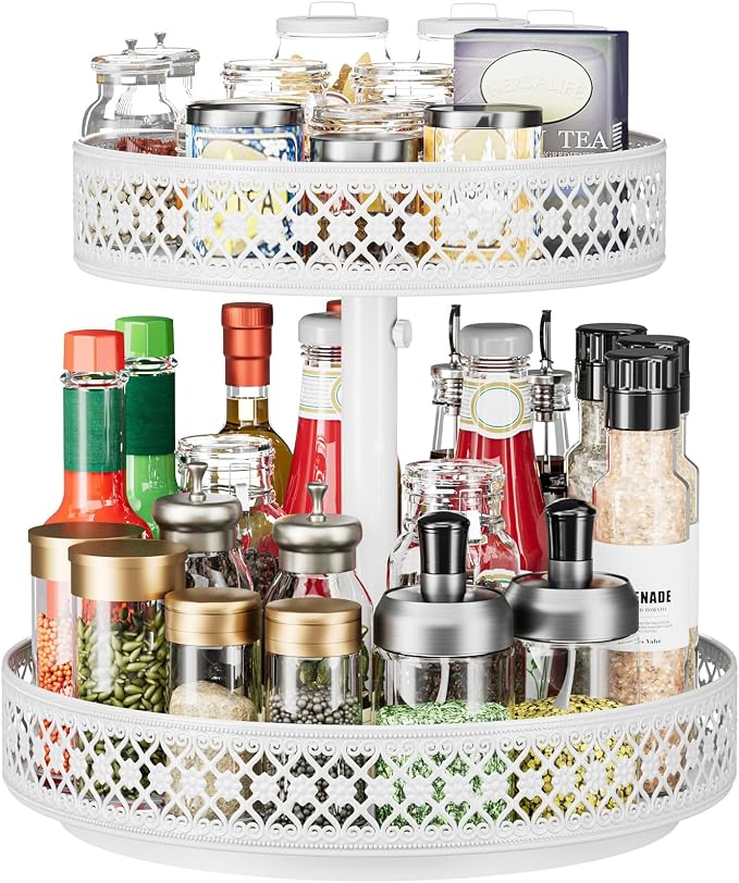 2 Tier Lazy Susan Organizer - Adjustable Rotating Spice Rack 12 inch | Floral Turntable Lazy Susan for Cabinet Pantry Kitchen Countertop Table Top Cupboard Bathroom Vanity Storage Metal White by OVICAR