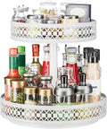 2 Tier Lazy Susan Organizer - Adjustable Rotating Spice Rack 12 inch | Floral Turntable Lazy Susan for Cabinet Pantry Kitchen Countertop Table Top Cupboard Bathroom Vanity Storage Metal White by OVICAR