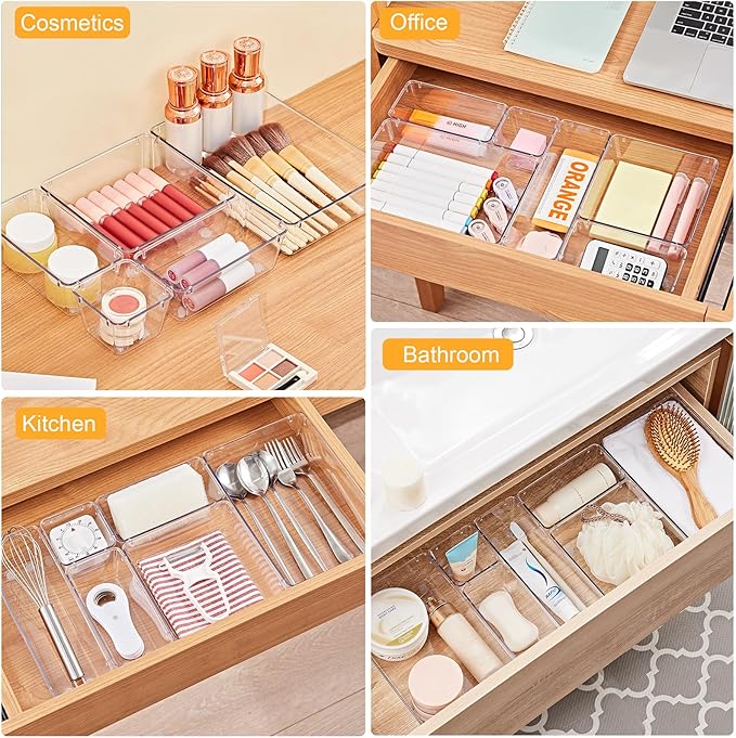 SMARTAKE 13-Piece Drawer Organizers with Non-Slip Silicone Pads, 5-Size | Clear Desk Bathroom Drawer Organizer Trays Storage Tray for Makeup, Jewelry, Utensils in Bedroom Dresser, Office and Kitchen - Image 6
