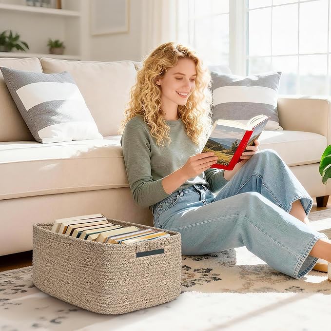 4 Pack Large Storage Basket for Organizing, 17.5"x13"x7" Woven Basket for Shelves, Closet Cube Storage Bins with Wrapped Handle, Cotton Rope Baskets for Kitchen, Clothes, Toys(Natural)) - Image 8