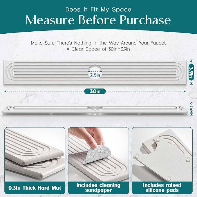 30 Inch Faucet Mat for Kitchen Sink - Instant Dry Sink Protector for Countertop, Extra-Long Diatomaceous Earth Stone Sink Tray Around Faucet for Kitchen Bathroom RVs (Light Grey, 30" x 3.9") - Image 2