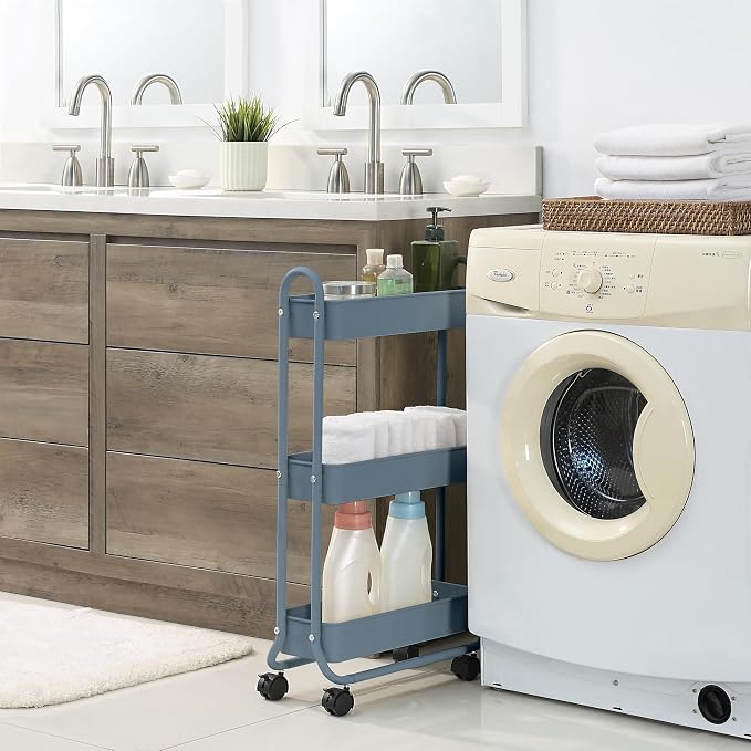 SunnyPoint Slim Rolling Storage Cart, 3 Tier Bathroom Storage Organizer Bathroom, Laundry Utility Cart (Blue) - Image 3
