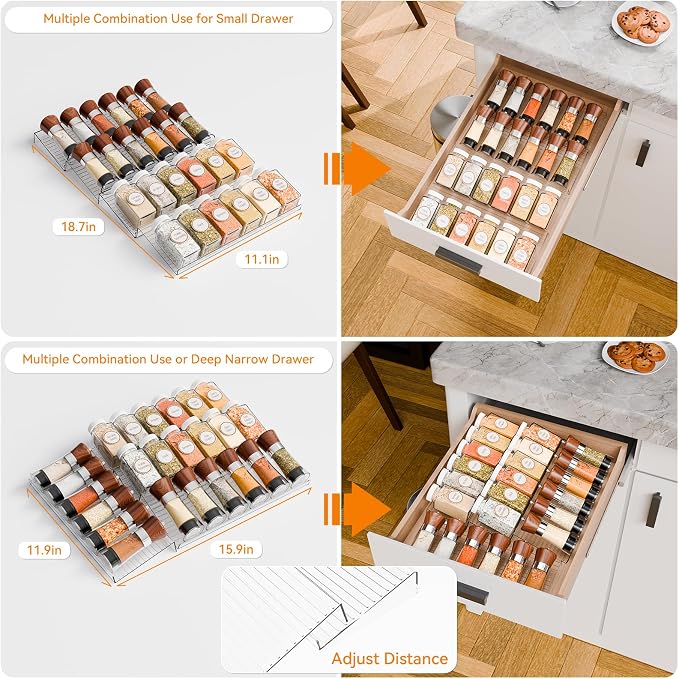 4 Pack Adjustable In Drawer Spice Organizer - Expandable From 11'' to 22'' - Acrylic Drawer Seasoning Organizer,Clear Spice Organization Tray for Cabinet Drawers Condiment,Nail Polish and Jar - Image 5