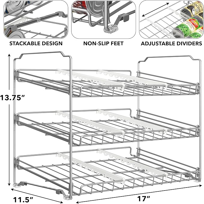 Simple Houseware Stackable Can Rack, Silver, Adjustable Plastic Dividers, Holds 36 Cans | Can Food Storage Dispenser for Pantry/Cabinet, Adjustable Dividers – 11.5" D x 17" W x 13.75" H - Image 3