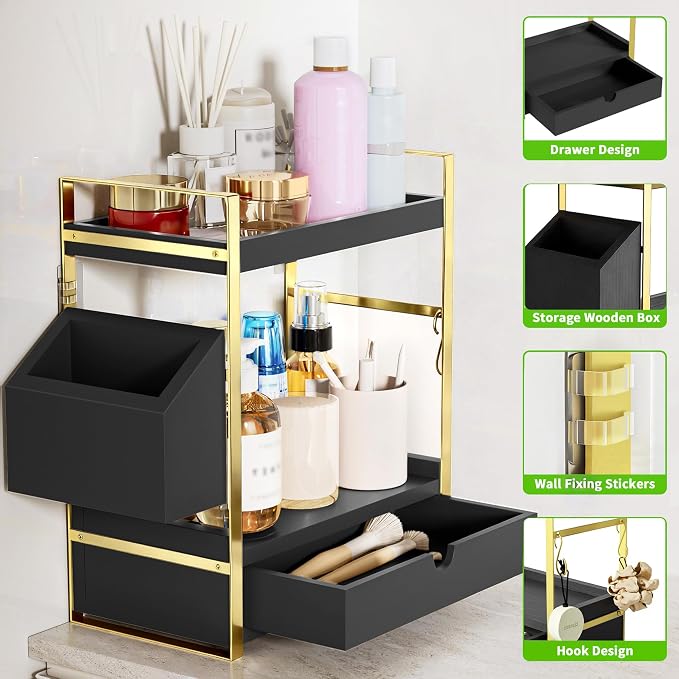 2-Tier Bathroom Counter Organizer, Wooden Vanity Shelf with Drawer & Basket | Pre-Drilled Holes, Skincare & Makeup Countertop Organizer and storage, Black-gold - Image 3